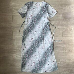 Vintage 90s Gray & Purple Floral Striped Maxi Shirt Dress W/ Waist Tie Size S